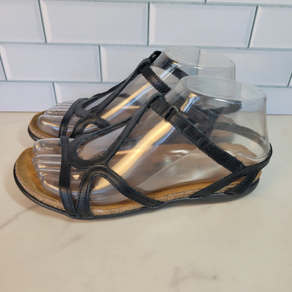 Naot Black Leather Strappy Cork Footbed Sandals Womens 36 US 5 Hook Loop Closure